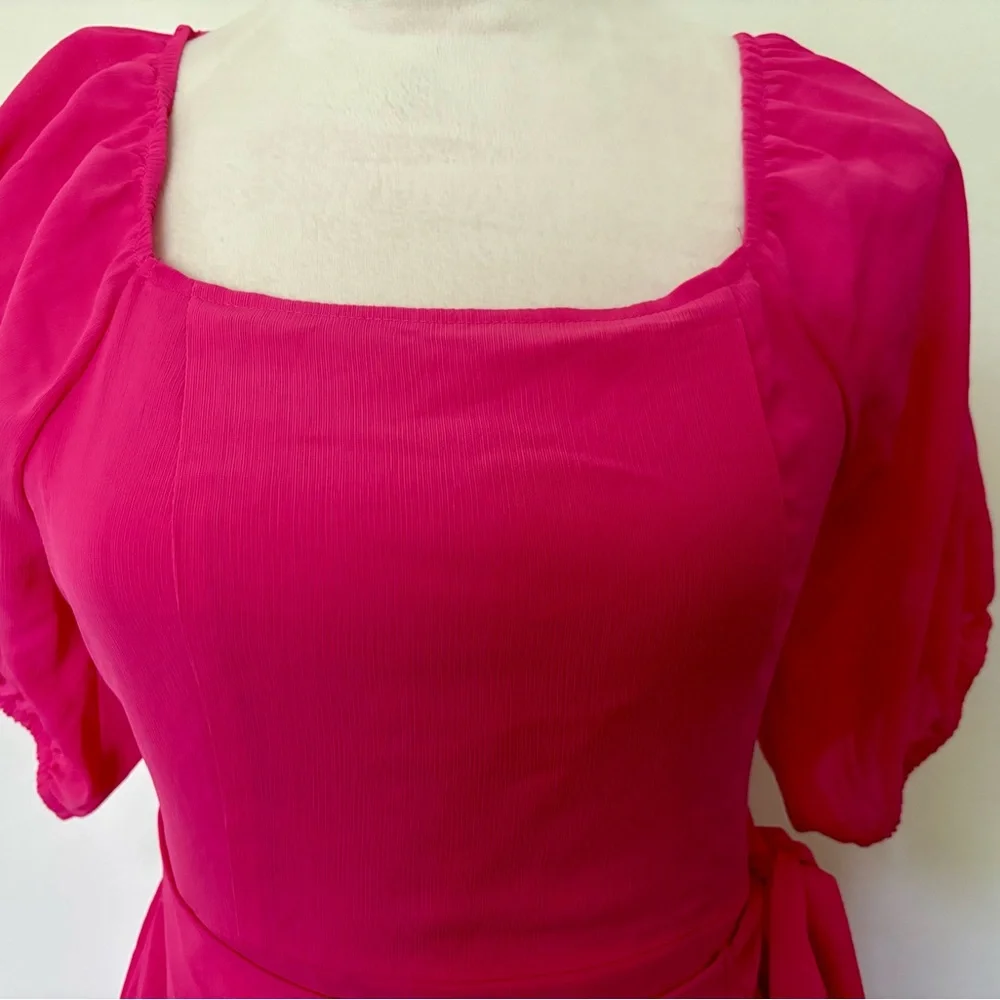 NWOT Kikibell Sz XS Hot Pink Fuchsia Faux Wrap Mini Dress w Bell Puff Sleeves - Picture 3 of 12